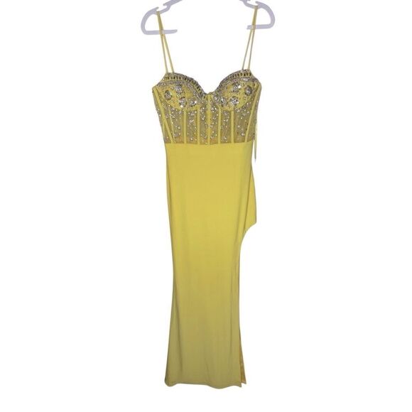 NWT MAC DUGGAL Yellow Spaghetti Strap Beaded Sheer Bodice Gown with Slit Size Sm - Picture 6 of 16